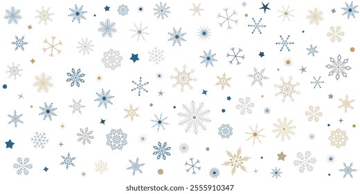 Christmas snowflakes Transparent background. Winter gold snow falling minimal decoration confetti star pattern. simple noel subtle snowfall backdrop. snowy nature landscape vector illustration.