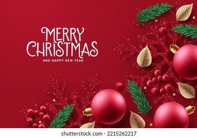 Christmas snowflakes vector background design. Merry christmas and happy new year text with elegant snow flakes in red background for holiday greeting card. Vector Illustration.