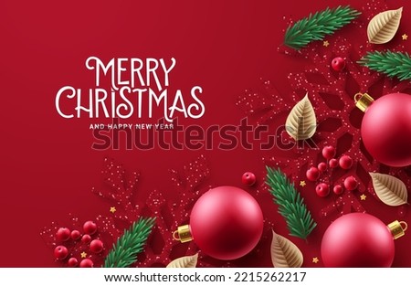Christmas snowflakes vector background design. Merry christmas and happy new year text with elegant snow flakes in red background for holiday greeting card. Vector Illustration.