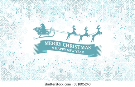 Christmas snowflakes vector background. Santa on sleigh with reindeer in headline and decorated ribbon.