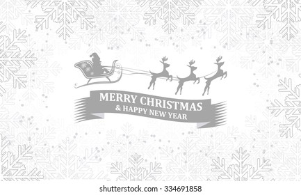 Christmas snowflakes vector background/Santa on sleigh with reindeer in headline and decorated ribbon.
