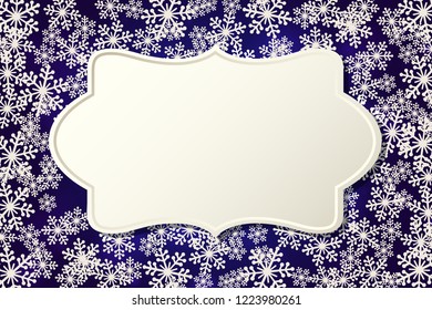 Christmas snowflakes vintage blank frame vector illustration. Greeting card winter blue background with copy space. Happy New Year. Horizontal format.