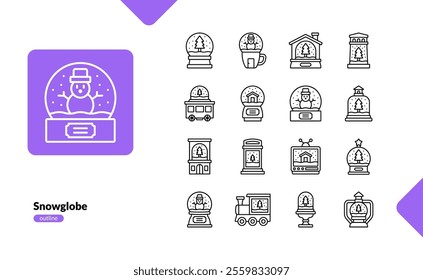 Christmas Snowglobe decoration winter scene sphere with various shape detailed outline line icon set