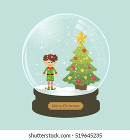 christmas snowglobe with fir tree and elf girl