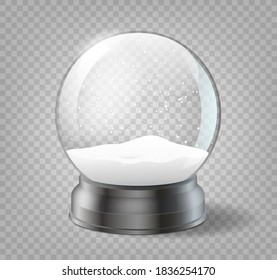 Globo de nieve de Navidad con fondo transparente. Verdadera decoración tradicional de invierno con cristal con nieve, copos de nieve en el interior. Juguete mágico de Navidad. Ilustración del vector