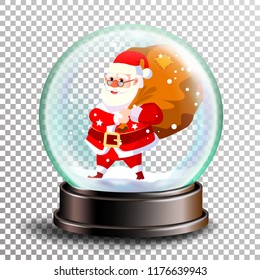 Christmas Snowglobe Vector. Cute Santa Claus With Gifts. Sphere Ball. Crystal Glass Empty Ball. Transparent Background . Realistic Illustration
