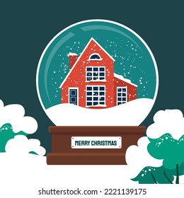 Christmas snowglobe with xmas scene in snow globe. Winter red house. Christmas tree. Happy New Year. Winter holidays. Flat style vector