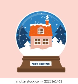 Christmas snowglobe with xmas scene in snow globe. Winter red house. Christmas tree. Happy New Year. Winter holidays. Flat style vector