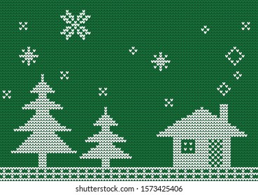Christmas Snowing Night knitted pattern. Scandinavian style. Winter holiday Sweater Design. Vector illustration