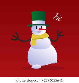 Christmas snowman banner. Fictional character with yellow scarf and green hat. Imagination and fantasy. Poster or banner. Symbol of New Year and winter holidays. Cartoon flat vector illustration