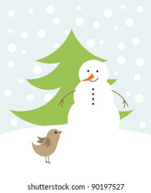 Christmas snowman and bird. Happy winter vector illustration