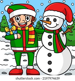 Christmas Snowman With A Boy Colored Illustration