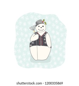 Christmas Snowman With Broomstick Clipart, Hand Drawn Holidays Illustration for Winter Fashion Prints, Adorable Stationery, Xmas Decor, Greeting Cards, Party Invitations or Trendy Nordic Festive Gifts