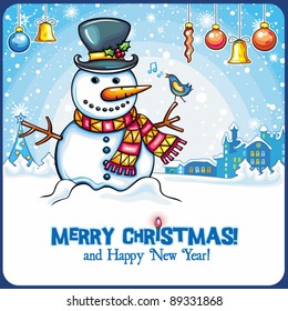 Christmas Snowman card. Cute snowball standing outside, in winter town with little singing bird. Holiday cartoon greeting card, with space for your text.