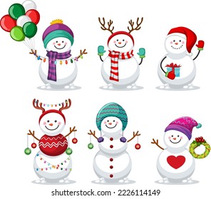 Christmas snowman cartoon character set illustration