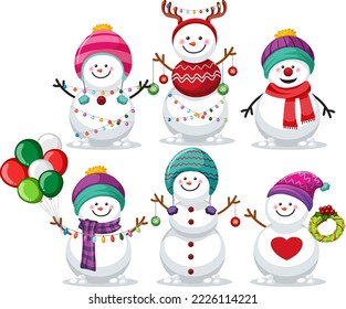 Christmas snowman cartoon character set illustration