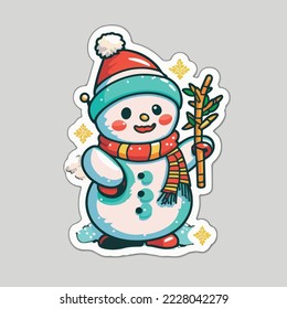 Christmas snowman cartoon sticker, xmas snowman in hat stickers cute. Multicolor