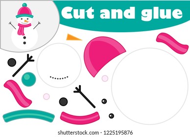 Christmas snowman cartoon style, education game for the development of preschool children, use scissors and glue to create the applique, cut parts of image and glue on the paper, vector illustration