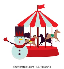 christmas snowman character with carousel vector illustration design