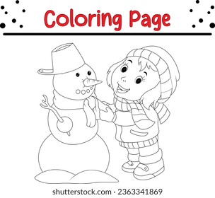 Christmas Snowman character coloring page for kids. Vector black and white illustration on white background.