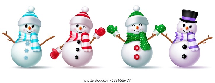 Christmas snowman character set vector design. Snow man character wearing scarf, hat and glove costume isolated in white background. Vector illustration winter season cartoon collection.