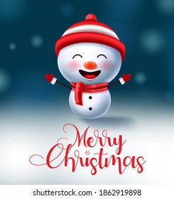 Weihnachtsschneefigur, Vektorhintergrund Design. Fröhlicher Weihnachtstypografie-Text mit süßem Schneemann-Charakter für Weihnachtseinladung-Design. Vektorgrafik.