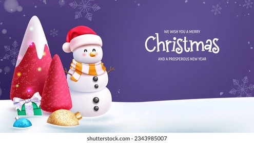 Diseño vectorial de caracteres de muñeca navideña. Feliz Navidad y feliz tarjeta de saludo de Año Nuevo en invierno nieve fondo al aire libre. Tarjeta de temporada xmas de ilustración vectorial.
