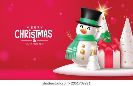 Christmas snowman character vector design. Merry christmas and happy new year greeting text with snow man mascot, pine tree and fir tree elements. Vector illustration winter season background.
