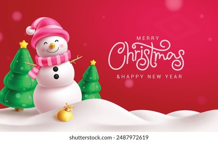 Christmas snowman character vector design. Merry christmas greeting text with snowman character and pine tree balloons in snow red background. Vector illustration holiday season card design. 
