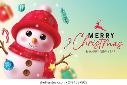 Christmas snowman character vector design. Merry christmas greeting text with cute snowman character and xmas elements for holiday season background. Vector illustration xmas card design.
