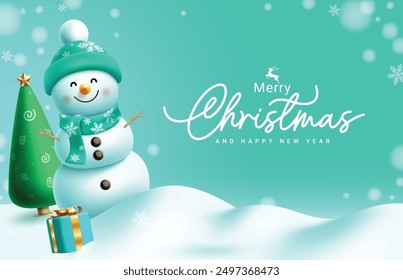 Christmas snowman character vector design. Merry christmas greeting text with snowman wearing hat and scarf elements in snow winter green background. Vector illustration holiday season greeting card 