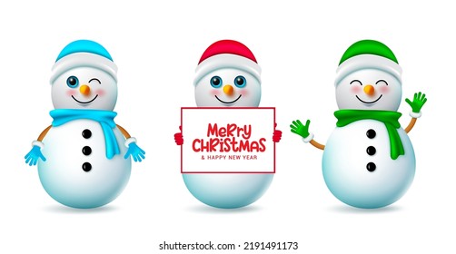 Juego de vectores de caracteres de snowman de Navidad. Personajes de la nieve navideña posando y gestos sosteniendo pizarra blanca en una expresión facial linda para la colección navideña. Ilustración vectorial.

