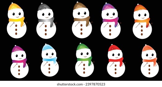 Christmas snowman character vector set design. Snowman Christmas character. Vector illustration of cute and colorful snowman characters collection.