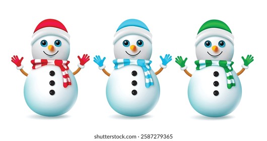 Christmas snowman character vector set. Christmas snow man 3d characters in cute and friendly facial expression for xmas holiday season collection design. Vector illustration.
