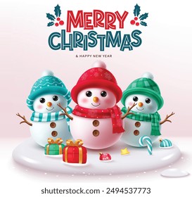 Christmas snowman characters vector design. Christmas snowman character with greeting text in colorful hat and scarf in podium stage for snow winter season background. Vector illustration xmas 