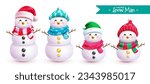 Christmas snowman characters vector set design. Snow man christmas character for winter holiday xmas season background. Vector illustration snow man character collection.
