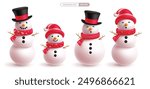 Christmas snowman characters vector set design. Snowman character wearing magician hat, red scarf and twig in funny, happy and smiling cute face collection. Vector illustration ice costume elements. 
