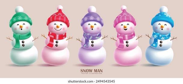 Christmas snowman characters vector set design. Snowman character with colorful hat, scarf and twig elements for holiday cute ice collection. Vector illustration winter characters design.
