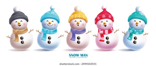 Navidades muñeco de nieve caracteres Vector conjunto de diseño. Personaje de hombre de nieve 3d con caras lindas y amigables en coloridos Elementos de sombrero, bufanda y ramita aislados en fondo de invierno de nieve. Ilustración vectorial 