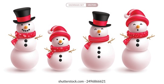 Christmas snowman characters vector set design. Snowman character wearing magician hat, red scarf and twig in funny, happy and smiling cute face collection. Vector illustration ice costume elements. 
