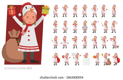 Christmas Snowman Costume White Dress. Kids character vector design. Presentation in various action with emotions.