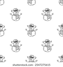 Christmas snowman in cowboy hat black outline seamless pattern. Western floral illustration.