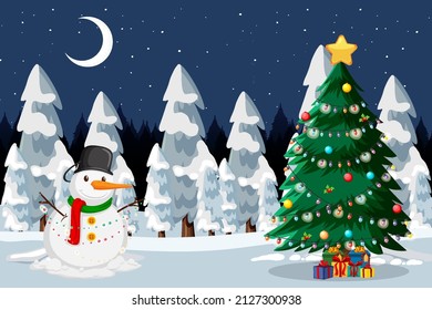 Christmas snowman and decorated tree in the snow at night scene illustration