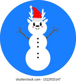 Christmas snowman with a deer head in a red hat with stars patterns. New Year and Christmas concept.
