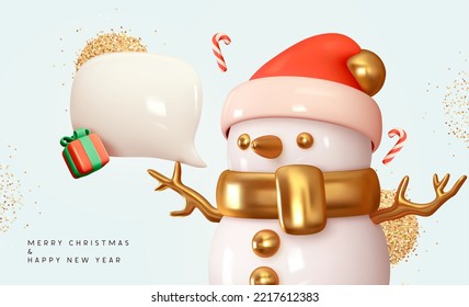 Christmas Snowman with dialogue bubble clear text. Realistic 3d cartoon characters. Greeting card, holiday banner, celebrate poster. Cover for promo flyers, brochures. Vector illustration