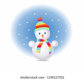 Christmas snowman dressed in a colored hat and scarf. Vector illustration