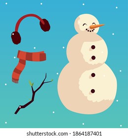christmas snowman earmuffs scarf and branch snow background vector illustration