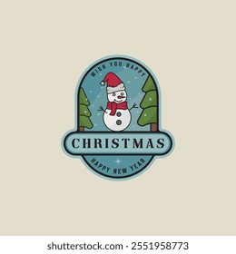 christmas snowman emblem logo line color vector illustration template icon graphic design. xmas decoration sign or symbol for celebration a new year with badge typography style