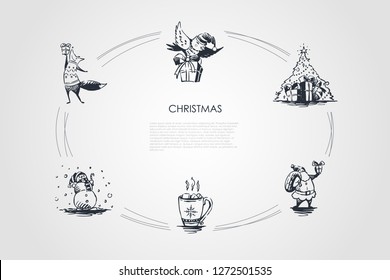 Christmas - snowman, fox and bird with gift,, warming cacao, Santa with presents, traditional tree with gifts vector concept set. Hand drawn sketch isolated illustration