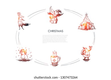 Christmas - snowman, fox and bird with gift,, warming cacao, Santa with presents, traditional tree with gifts vector concept set. Hand drawn sketch isolated illustration